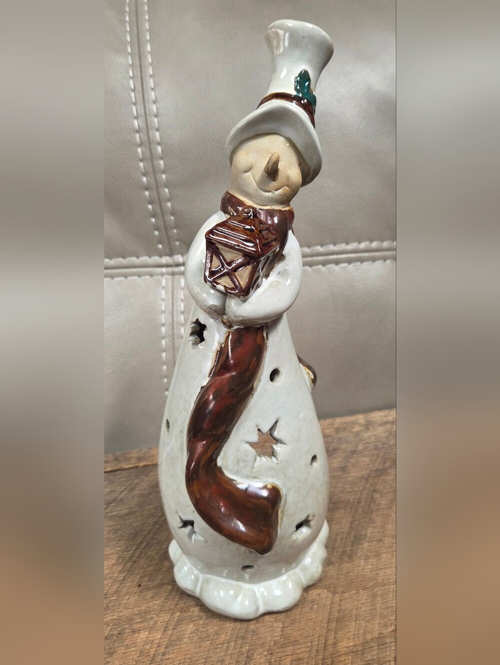 Vintage Ceramic Snowman Tea Light Holder – Earth Tone Glaze w/ Star Cutouts B1N